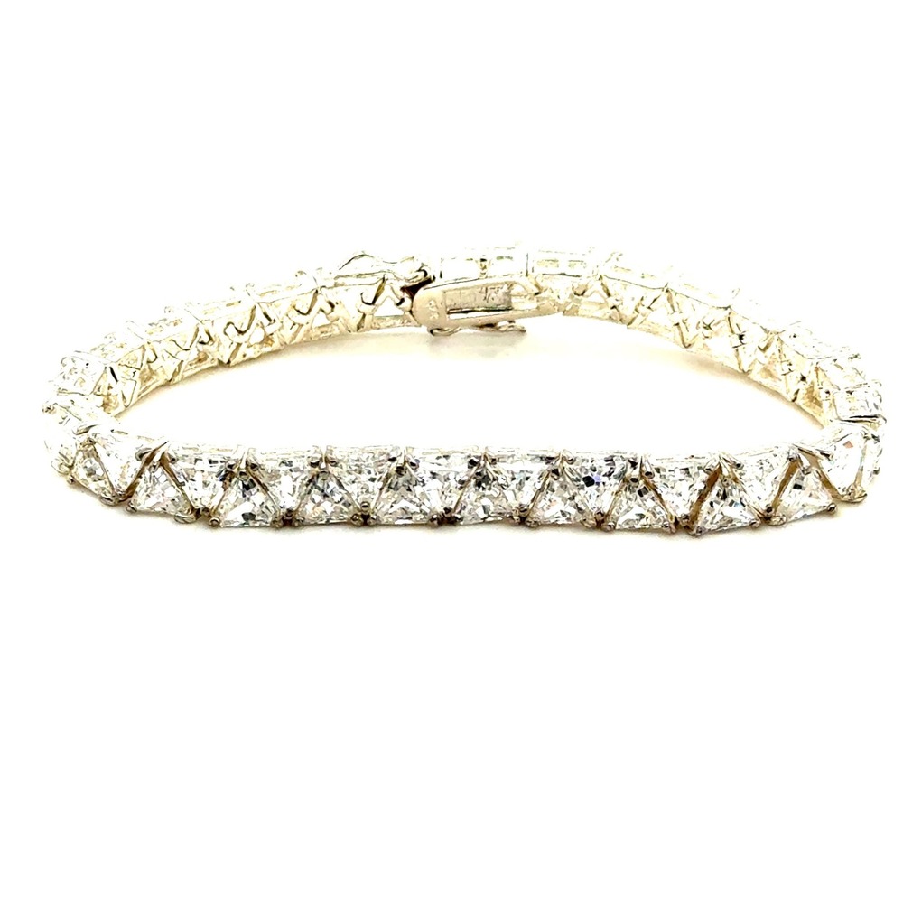 Sterling Silver Trillion Cut CZ Tennis Bracelet 925 Clear Stone 7.5 Inch 25.7g